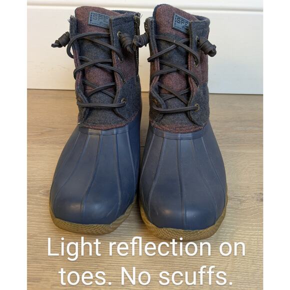 Sperry Topsider Saltwater Varsity Duck Boot 8.5 Navy Wine Stripe Wool Rubber - Picture 5 of 12